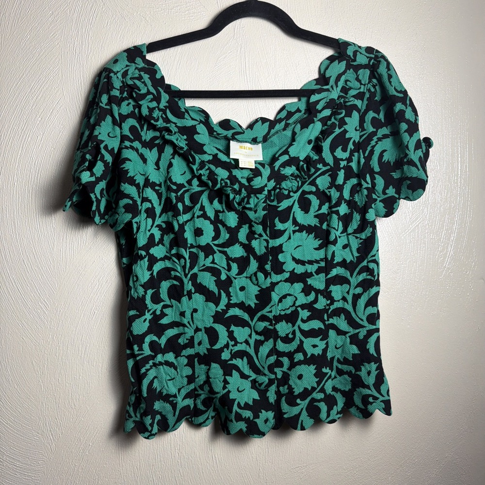 Anthropologie Maeve Aseey 40s Floral Black/Green Scalloped Blouse Top Sz 12